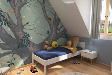 Modelo de dormitorio infantil de 1 a 3 años nórdico con paredes azules, suelo de madera en tonos medios y papel pintado
