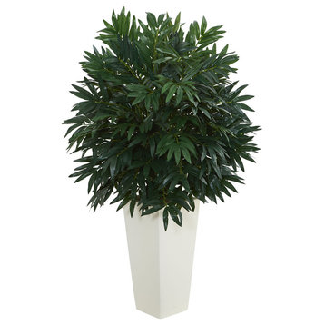 Double Bamboo Palm Artificial Plant, White Tower Vase