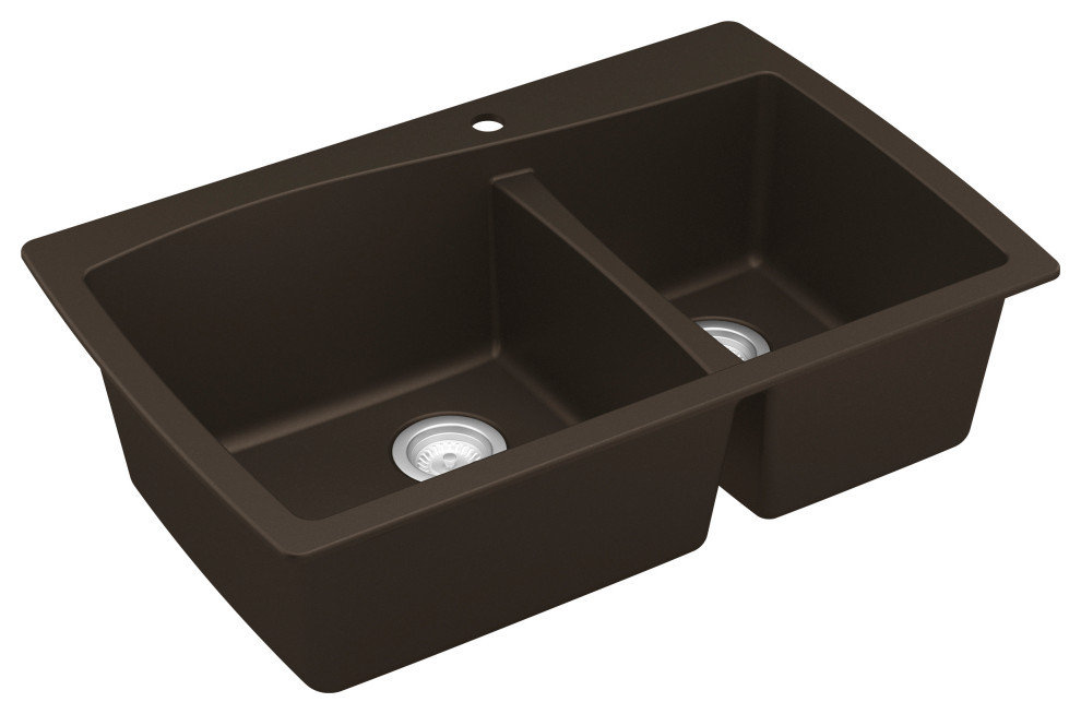 Karran Drop-In Quartz 34" 1-Hole 60/40 Double Bowl Kitchen Sink, Brown