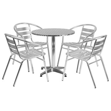 27.5" Round Aluminum Indoor-Outdoor Table With 4 Slat Back Chairs