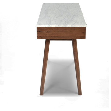 Viola 44" Rectangular Italian Carrara White Marble Writing Desk, Walnut, 18"