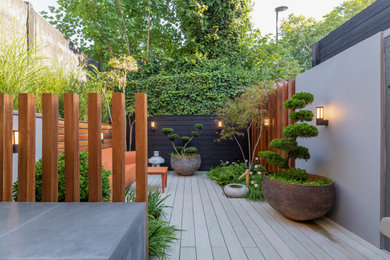 Design ideas for a small contemporary courtyard formal partial sun garden wall for spring in London with decking.