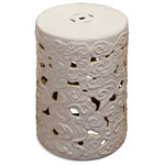 China Furniture and Arts - Blanc de Chine Cloud Motif Oriental Garden Stool - With a simple silhouette, this porcelain garden stool is modeled after the traditional Chinese drum. It features an elegant cloud design with small openings across its entire body and a hand finished white glaze. A coin motif adorns the top surface. It is perfect for indoor and outdoor use and easily complements any setting. This item will be shipped from Westmont, IL 60559 U.S.A
