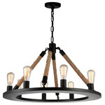 CWI Lighting - Ganges 8 Light Up Chandelier With Black Finish - Meant for country chic living, the Ganges 8 Light Chandelier displays the perfect balance of pastoral and refined. This oversized up chandelier features a black circular frame with up-facing bulbs. Securing the wagon-like frame in place are four chains wrapped in ropes for that truly rustic appeal. This light source will make a good impression in the living room, dining room, bedroom, over a kitchen island, or foyer.  Feel confident with your purchase and rest assured. This fixture comes with a one year warranty against manufacturers defects to give you peace of mind that your product will be in perfect condition.