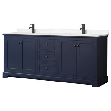 Avery 80" Double Vanity, Dark Blue, Carrara Cultured Marble Top, Black Trim