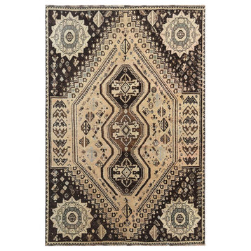 Vintage Beige Persian Shiraz With Triple Medallion Hand Knotted Rug, 4'9" x 7'3"