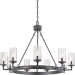 Progress Lighting - Gresham Collection Nine-Light Chandelier - A display of substantial style in a nine-light chandelier, Gresham Collection's frame was inspired by the elegance of traditional iron structures. Specific attention to forging details creates a distinctive collection for Transitional and Farmhouse interior spaces. Seeded glass shades and a Graphite finish pair together to complete the look.