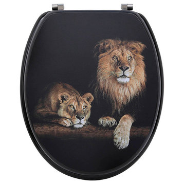 18" Elongated Toilet Seat With Print, Lion and Lioness