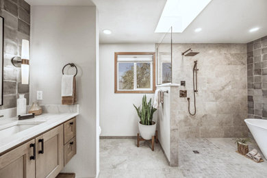 Bathroom - mid-sized transitional master green tile porcelain tile, beige floor and single-sink bathroom idea in Portland with furniture-like cabinets, beige cabinets, a two-piece toilet, gray walls, an undermount sink, quartz countertops, white countertops, a niche and a built-in vanity