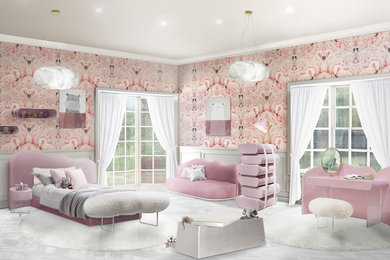 Inspiration for a mid-sized modern gender-neutral kids' bedroom in Other with pink walls and white floor.