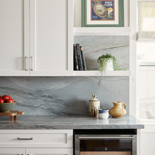 Ocean blue quartzite counters and backsplash kitchen