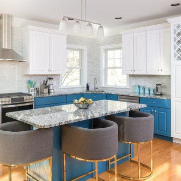 Full overlay kitchen, painted in our custom blue, inspired by Bainbridge Blue 74