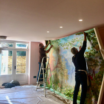 Hanging a mural, in progress