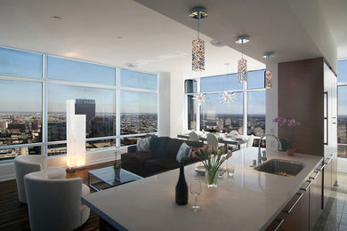 Inspiration for a mid-sized contemporary formal and open concept dark wood floor living room remodel in Los Angeles with white walls