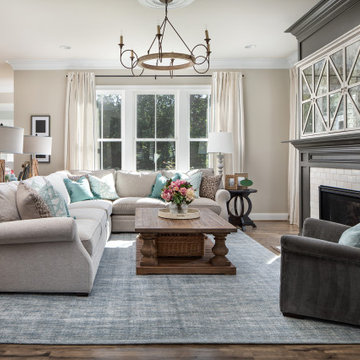 Mirrored TV Concealer on Gray Fireplace Family Room