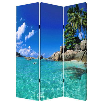 Benzara BM26516 3 Panel Foldable Canvas Screen with Oceanside Print, Multicolor