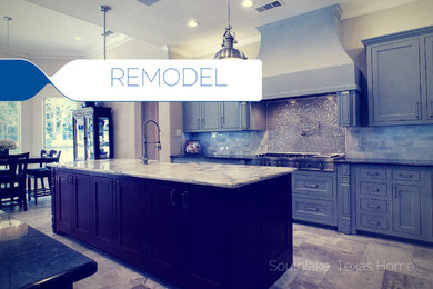 Transitional ceramic tile kitchen photo in Dallas with a farmhouse sink, flat-panel cabinets, blue cabinets, marble countertops, gray backsplash, ceramic backsplash, stainless steel appliances and an island