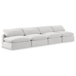 Meridian Furniture - Comfy Upholstered Modular Sofa, Cream, 4-Piece: 4 Armless Chair, Velvet - Give your space a whole new look with this cream Comfy velvet sofa. This handsome sofa fits nicely with other items in the Comfy collection and is a versatile seating option designed for adaptability, comfort and style. Wrapped in rich cream durable velvet upholstery, this sofa offers a plush embrace of overstuffed down feather cushions, carefully crafted to deliver the highest level of comfort. The perfect seat for creating an oasis for relaxation, this sofa has thick foam surrounding its frame for added support and coziness.