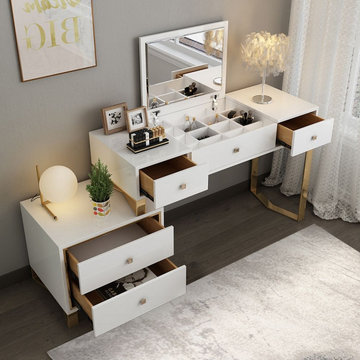 $719.99 Homary White Modern Dressing Makeup Vanity Expandable Dressing Table wit