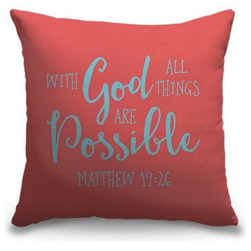 "Matthew 19:26 - Scripture Art in Teal and Coral" Pillow 16"x16"