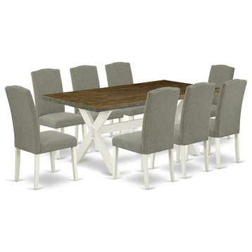 East West Furniture X-Style 9-piece Wood Dining Set in Linen White/Dark Shitake