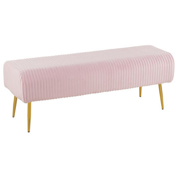 Marla Glam Pleated Bench, Gold Steel/Pink Velvet
