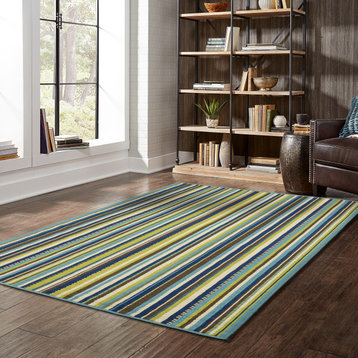 Coronado Indoor and Outdoor Striped Blue and Brown Rug, 5'3"x7'6"