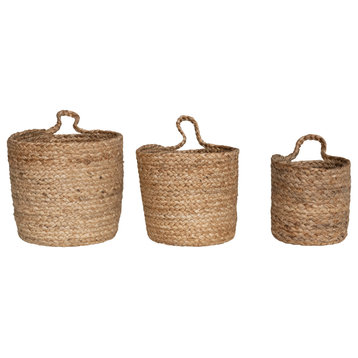 Various Round Braided Jute Nesting Baskets With Handles, Natural, Set of 3