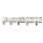 Livex Lighting - Brushed Nickel Transitional, Colonial, Vanity Sconce - Bring a beautiful new look to your bathroom or vanity area with this charming large five-light vanity sconce from the Birmingham collection. A wide rectangular brushed nickel finish back plate supports five simple graceful arms that hold five hand blown clear glass shades. The clean lines of this updated classic will make this piece an appealing part of your home.