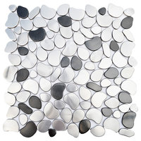 12"x12" River Rock Mosaic Stainless Steel Tile, Black and Silver,, Single Sheet