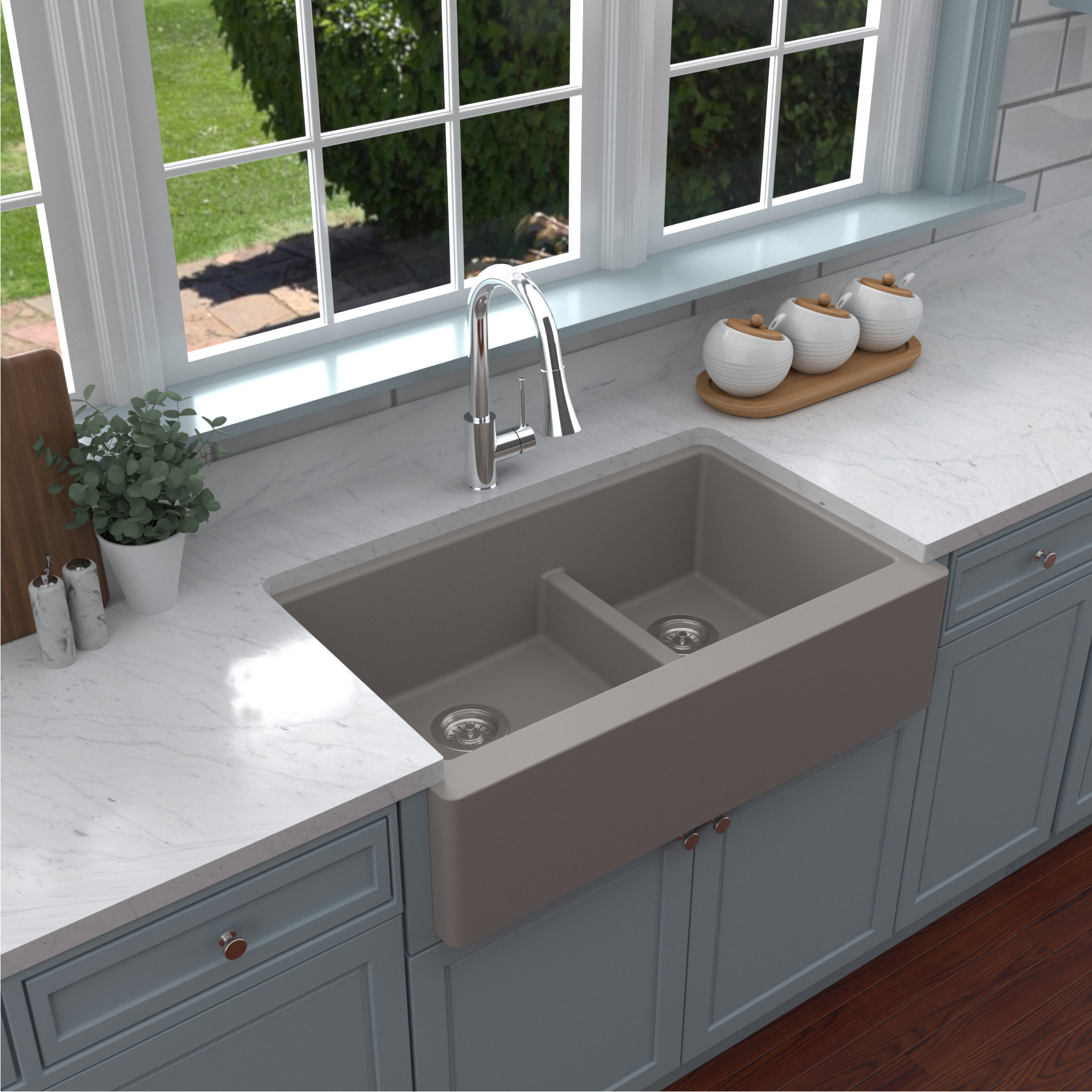 Karran Farmhouse/Apron-Front Quartz 34" Double Offset Bowl Sink, Concrete
