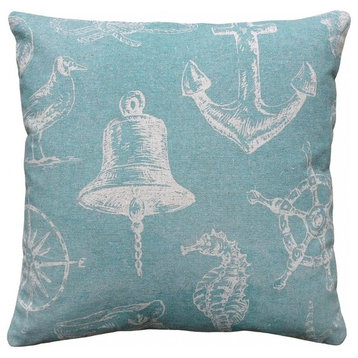Nautical Printed Linen Pillow With Feather-Down Insert, Aqua, Aqua