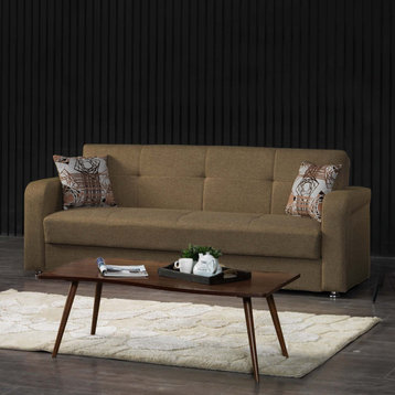 Modern Sleeper Sofa, Buttonless Tufted Back, Brown Chenille