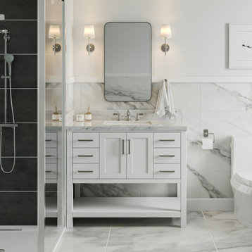 Ariel Magnolia 43" Rectangle Sink Bath Vanity, White, 1.5" Carrara Marble