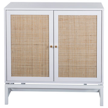 32" Tall Wood 2-door Accent Cabinet with Rattan Door , White