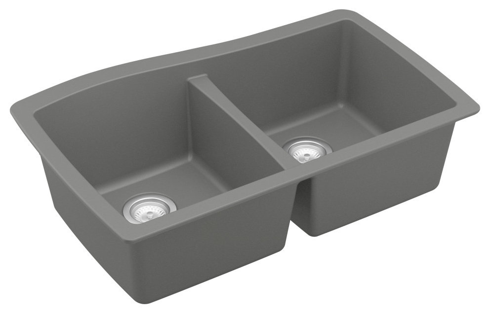Karran Undermount Quartz 33" 50/50 Double Bowl Kitchen Sink, Grey