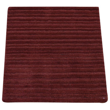 Cacao Brown Hand Loomed Modern Stripe Design Textured 100% Wool Rug, 2'1"x2'1"