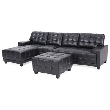 Littell Faux Leather 4 Seater Sofa, Chaise Sectional, Ottoman, Midnight + Dark B