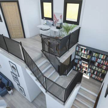 Staircase With Bookshelf in Mid-Landing