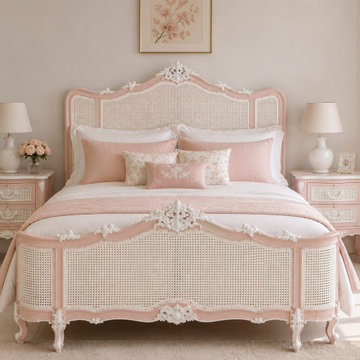 French Rococo Cane Bed in Pink & White | Hand-Carved French Country Bed
