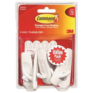 Command 17001-VP-6PK Medium Utility Hook Value Pack, White, 6 Pack