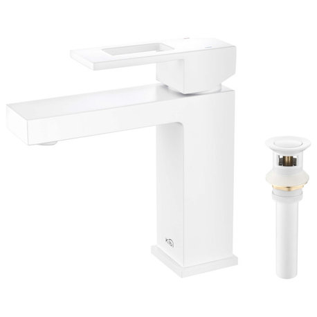 Cubic Single Hole Bathroom Faucet KBF1002, Matte White,, Drain