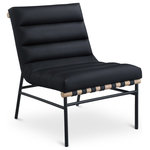 Meridian Furniture - Burke Upholstered Accent Chair, Black, Vegan Leather, White Oak - Keep it casual with this Burke vegan leather accent chair. This eye-grabbing chair has an uber laid-back vibe with its armless design and slightly reclined back. Soft black vegan leather feels great against the skin and provides the look of leather without the expense. An overstuffed, channel-tufted seat and back cushion make it super comfy and ready for evenings spent relaxing and taking it easy. An all-metal frame provides support for durable use, and a white oak veneer metal dowel provides interesting contrast to draw the eye instantly from all angles.