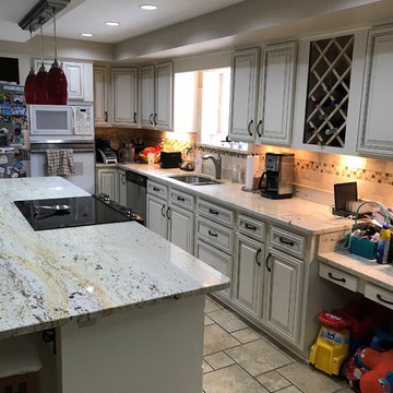cabinet refaccing---antique white brown glazing