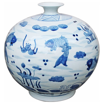 Blue and White Fish Motif Porcelain Contour Pomegranate Vase 11"