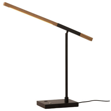 Port Table Lamp, Matte Black, Natural Ash Wood Finish, USB, Touch Dimmer Switch