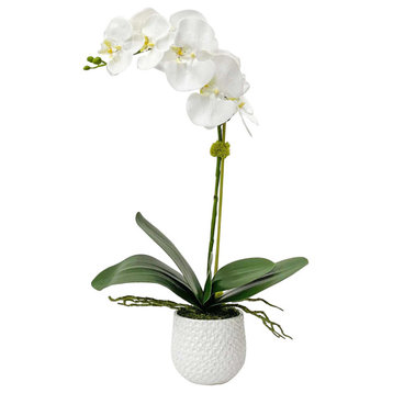 Elegant White Orchid Faux Floral Pot Classic Moth Phalaenopsis Single Stem Luxe