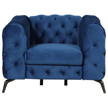 Contemporary Accent Chair, Metal Legs & Elegant Button Tufted Seat, Blue Velvet