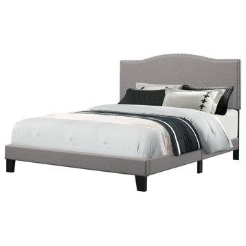 Classic Bed Frame, Curved Headboard & Nailhead Trim Accents, Glacial Gray, Queen
