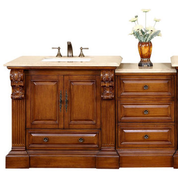 58 Inch Single Sink Bathroom Vanity Cabinet, Traditional, Travertine